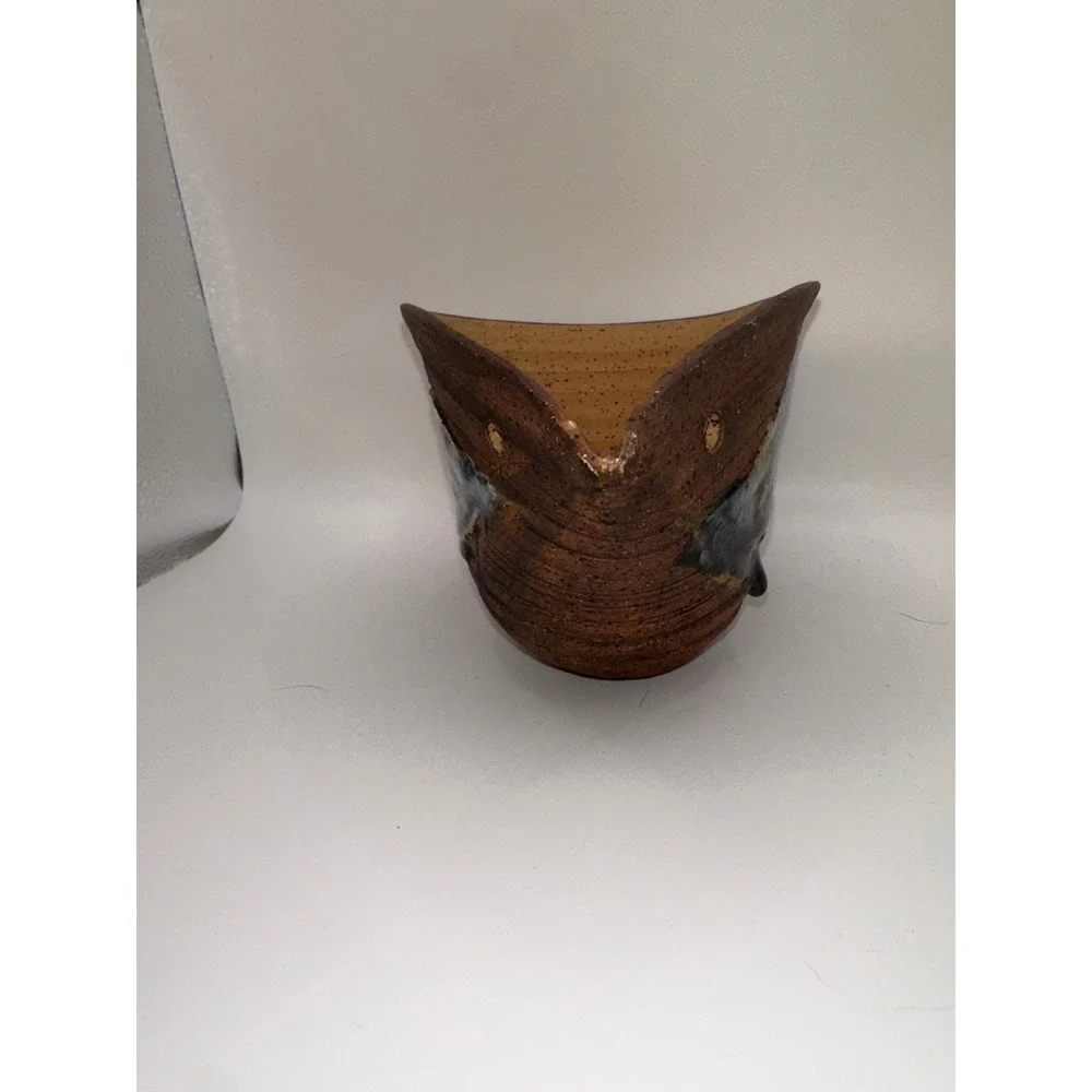 Vintage 1980s Studio Pottery Bird Hanging Vase holes hanging Brown Blue Glaze
